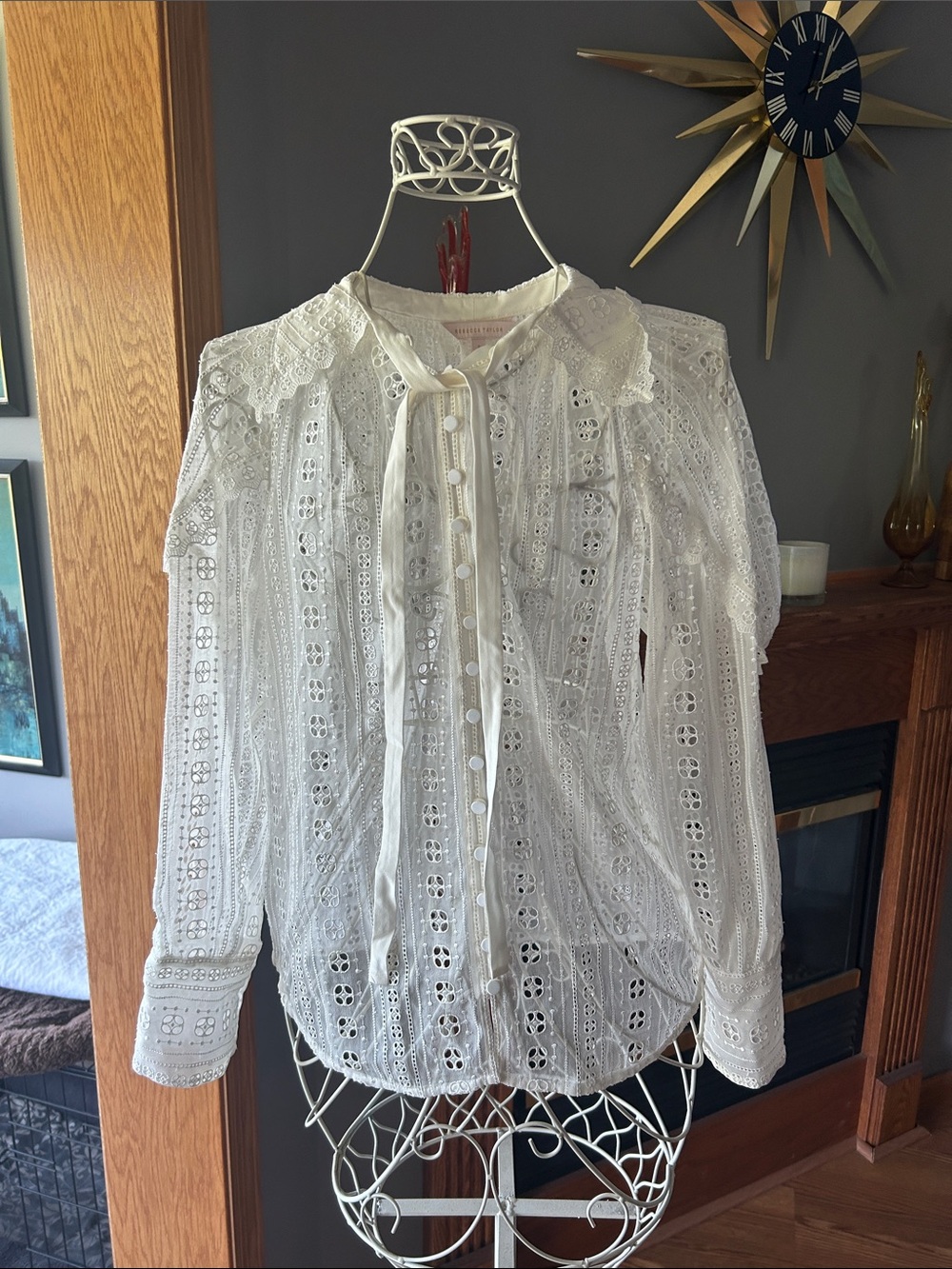 Rebecca Taylor White Eyelet Lace Tie-Neck Blouse